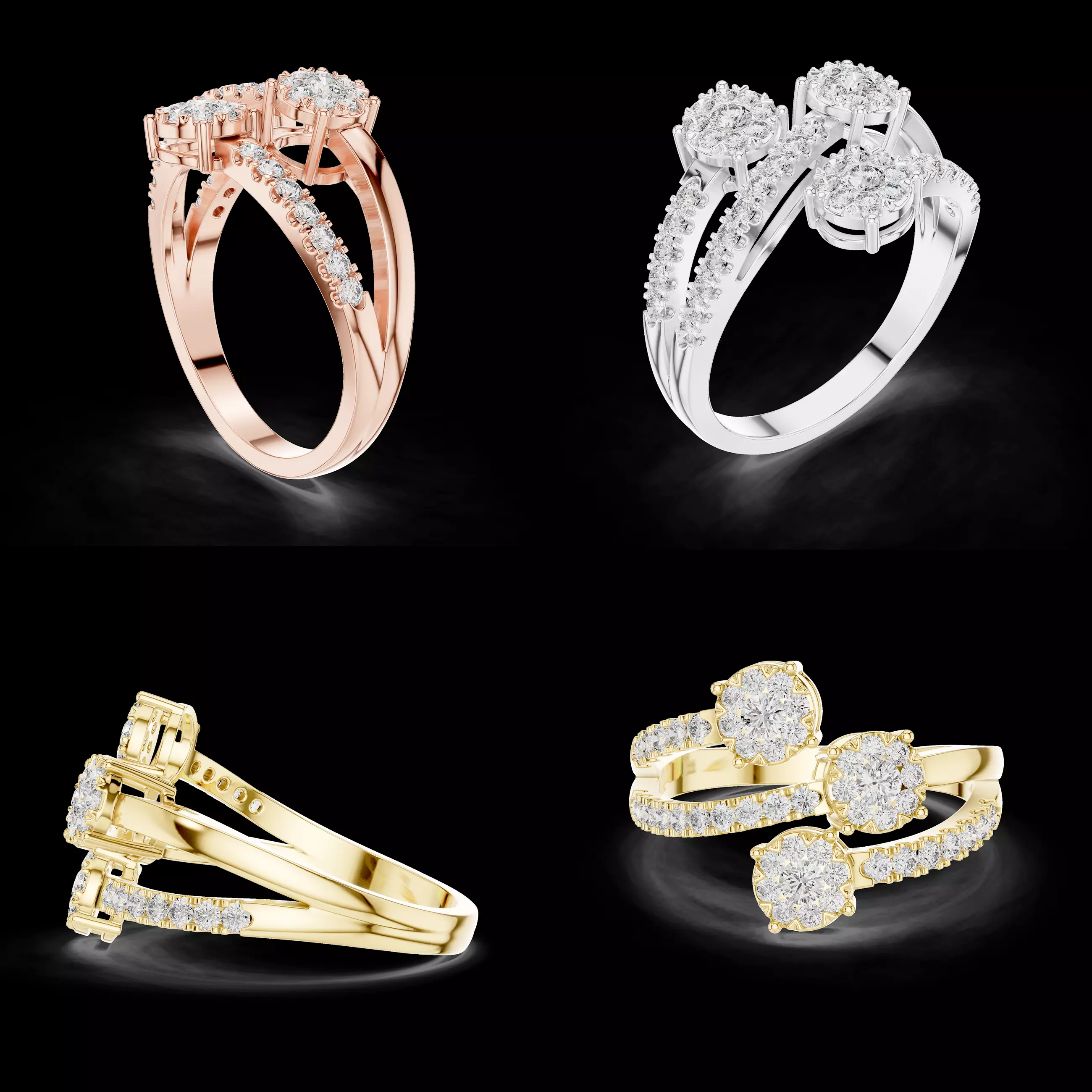 Three Stone Diamond Ring Split Shank Jewelry CAD Design 3D print model