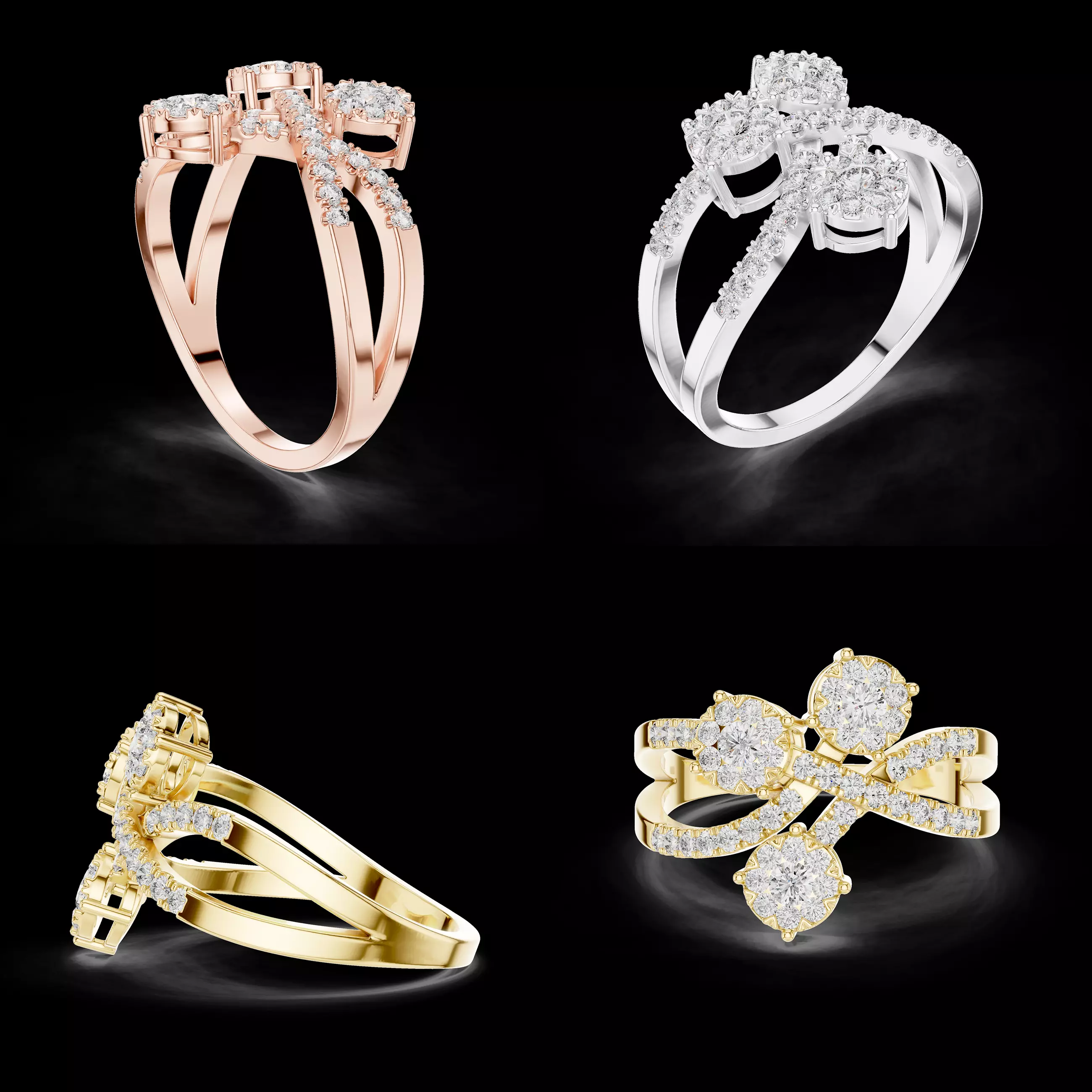 Three Stone Diamond Crossover Split Shank Ring CAD Design 3D print model