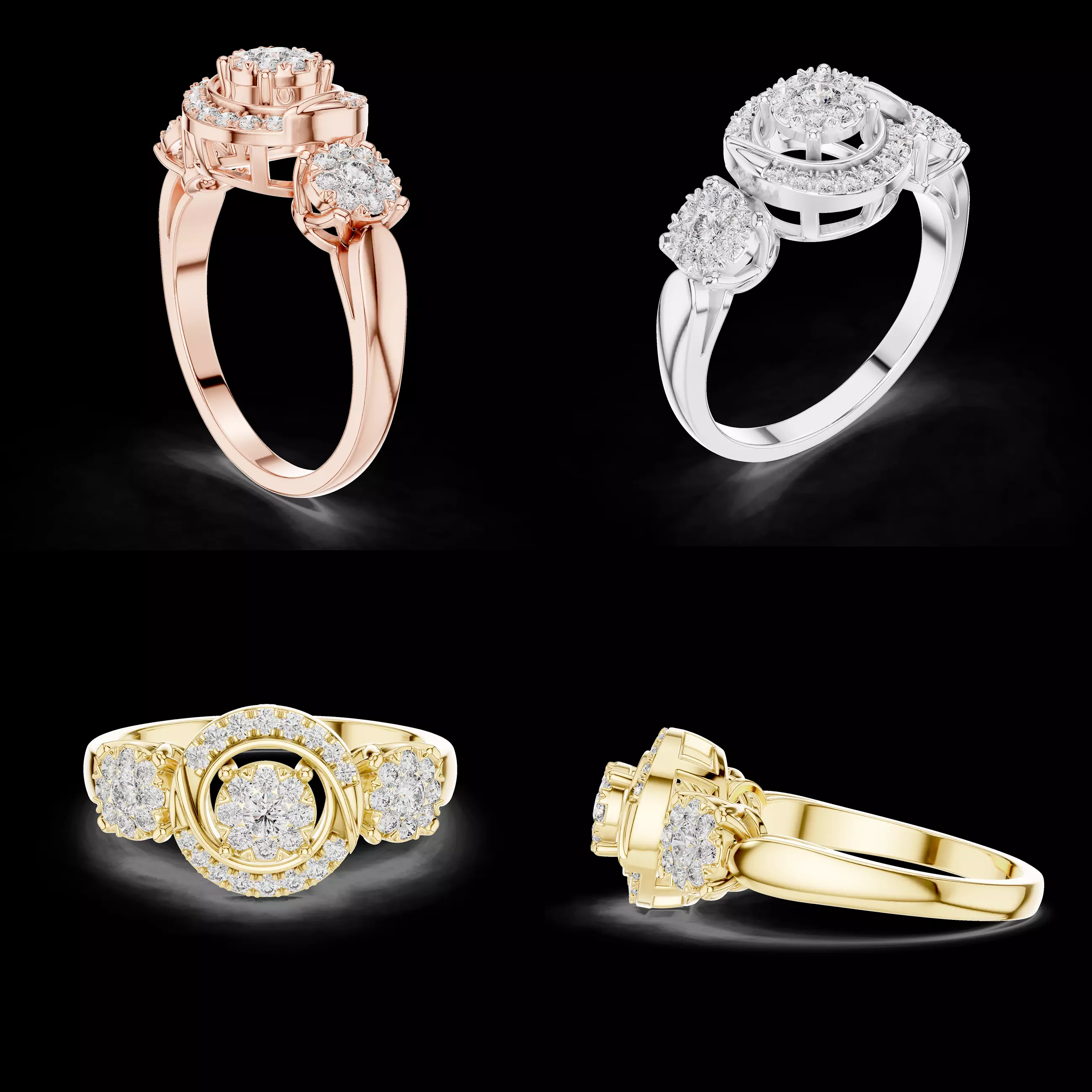 Three Stone Halo Diamond Ring Jewelry CAD Design 3D print model