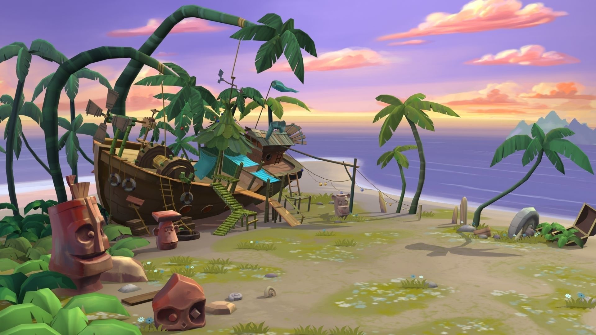 Cartoon beach Low-poly 3D model_1