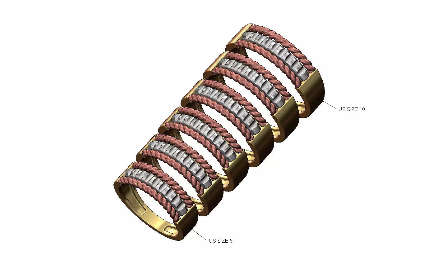 Ribbed and braided rope ornament ring US sizes 5to10 3D print model