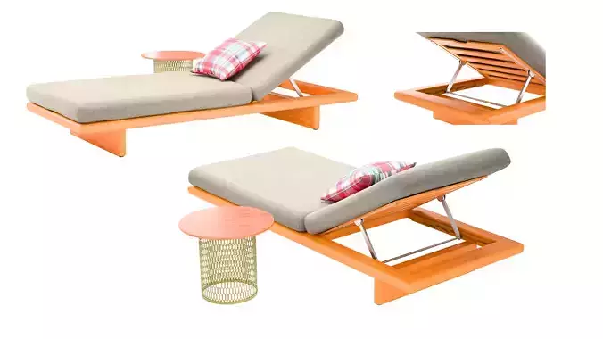 Adjustable Wooden Sun Lounger with Cushion 3D model