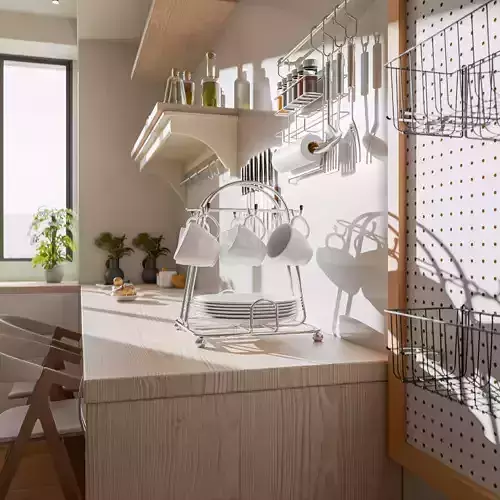 Scandinavian Galley Kitchen with Breakfast Nook 3D model 7