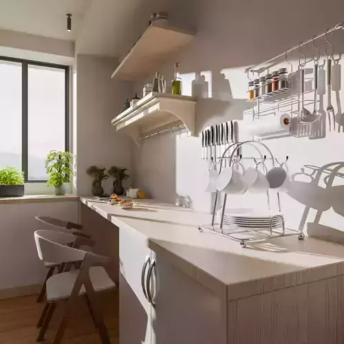 Scandinavian Galley Kitchen with Breakfast Nook 3D model 2
