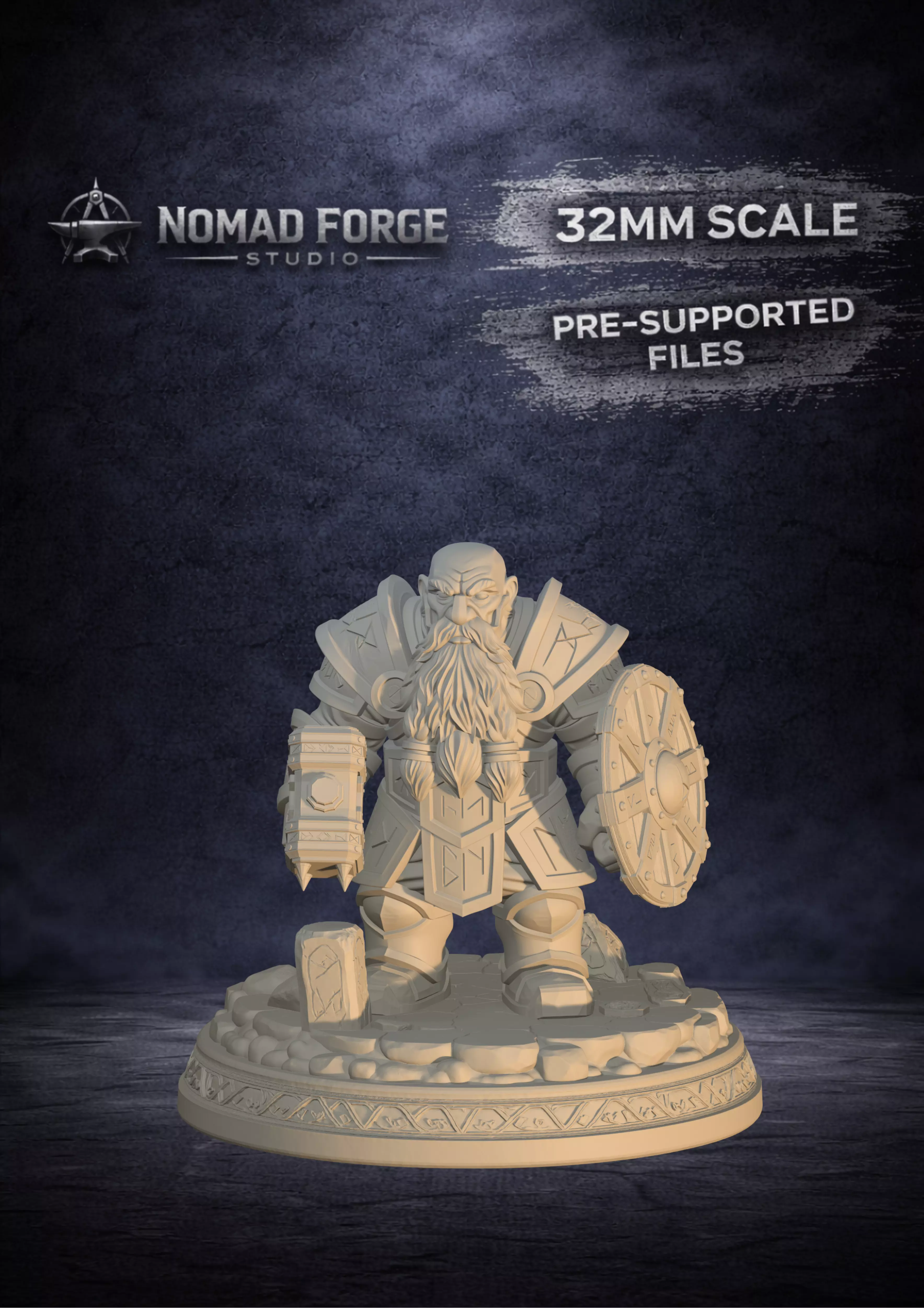 Dwarf Guardian 32mm Fantasy Miniature Hammer and Shield 3D print model