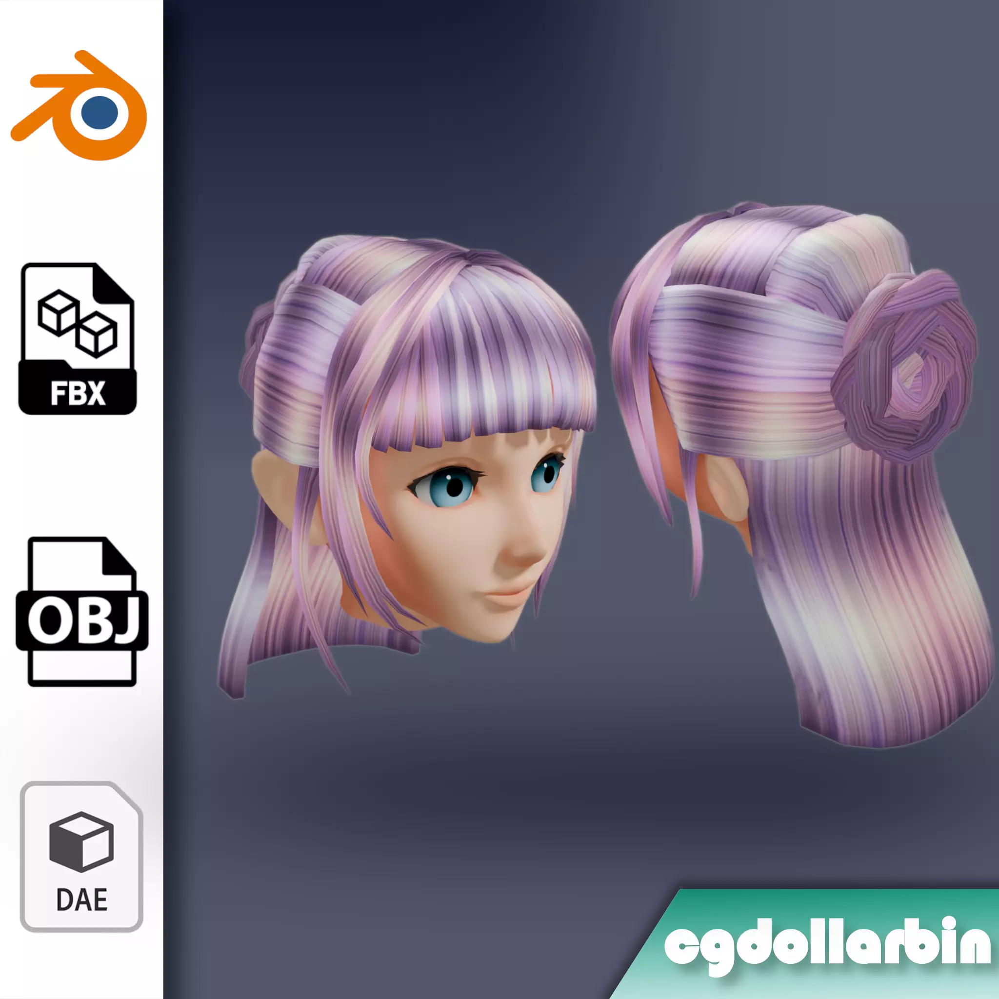 Female Anime Hair V2 - 5 Different Color Variations Low-poly 3D model