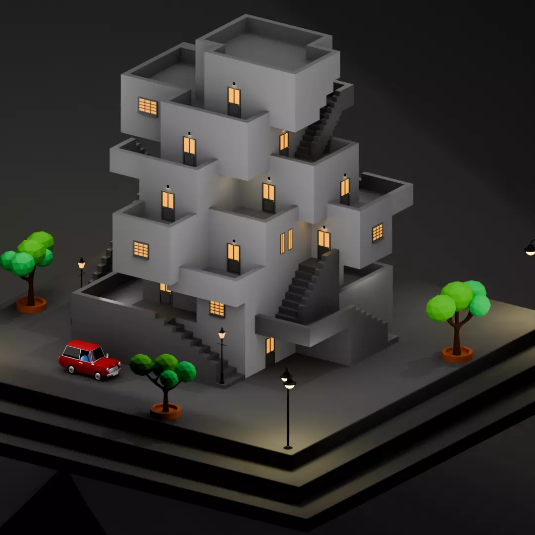 Brutalist Isometric House - Low Poly Game Ready Low-poly 3D model