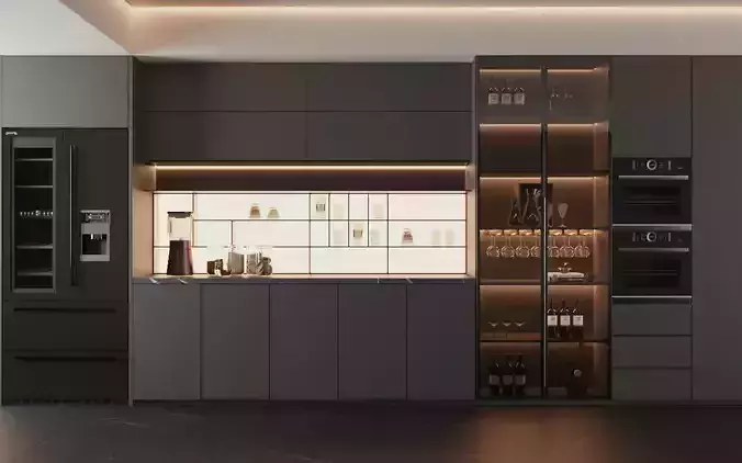 Modern Dark-Toned Kitchen with Built-In Wine Storage 3D model
