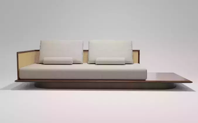 Modern Rattan-Accented Wooden Sofa 3D Model 3D model