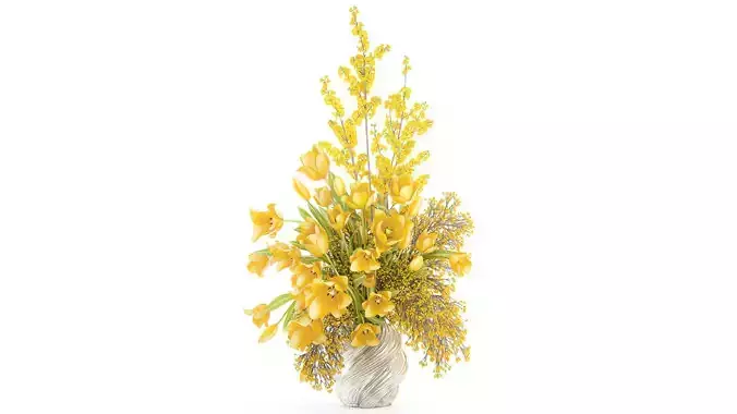 Bouquet yellow flowers tulips mimosa forsythia vase decor