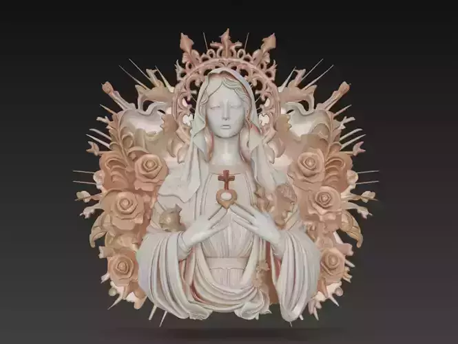 Sacred Heart Virgin Mary Relief - Floral Marian Wall Sculpture