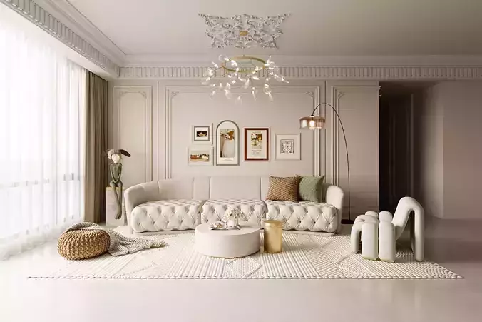 French Retro Style Living Room 3D Model 3D model