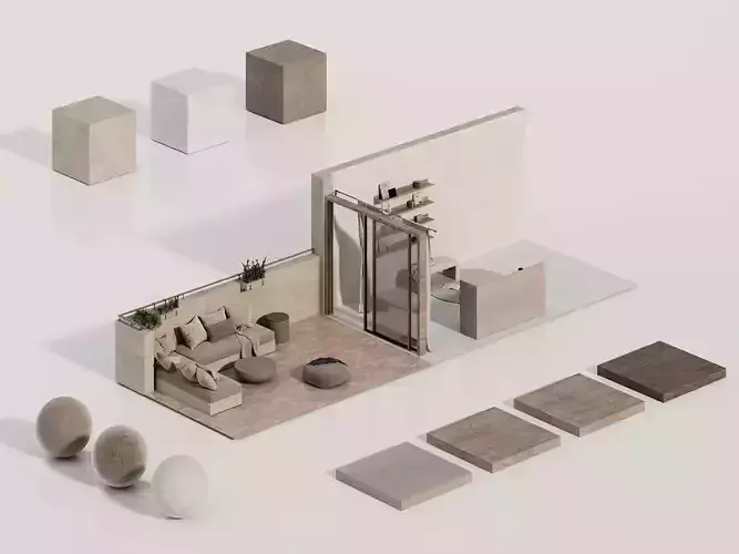 Modern Minimal Living Room Interior Scene Modular Setup 3D Model 3D model 4