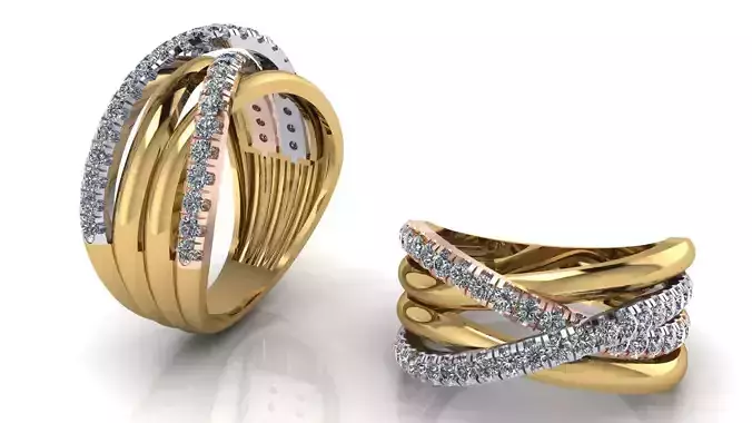Wide Three Tone Crossover Ring with Micro Prong Set Diamonds 3D print model