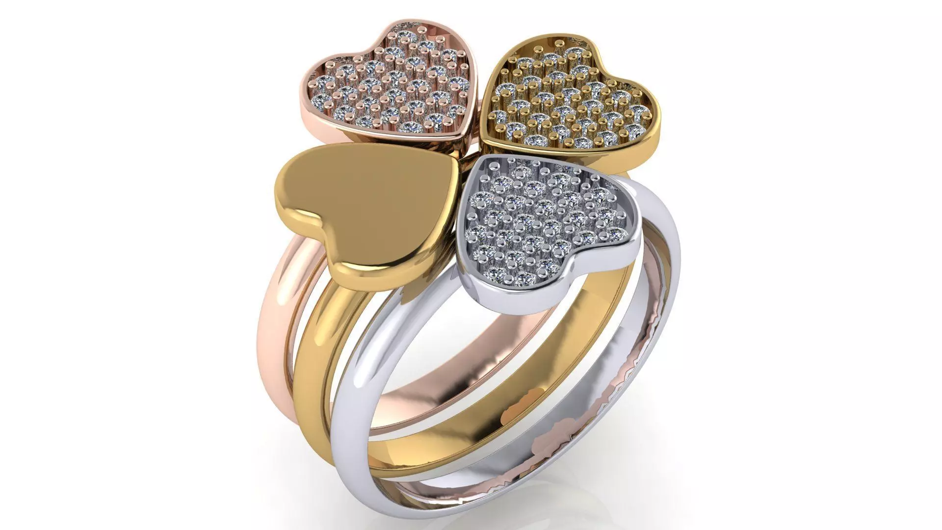 free Four Leaf Clover Ring with Three Diamond Pave setting Free 3D print model