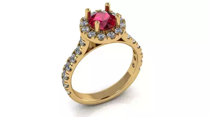 Round Cut Ruby Halo Engagement Ring with Pave Band
