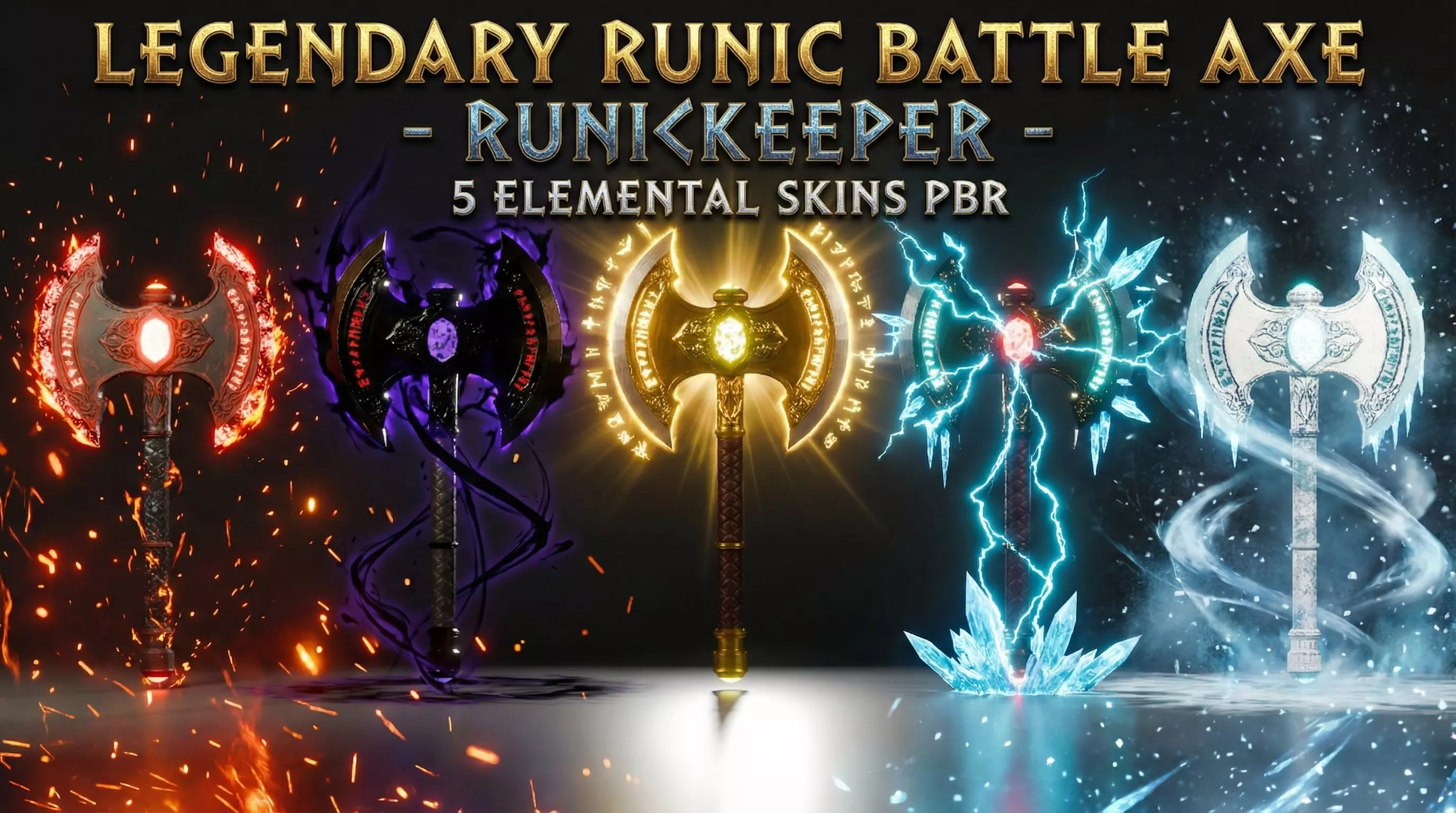 Legendary Runic Battle Axe - RunicKeeper - 5 Elemental Skins PBR Low-poly 3D model