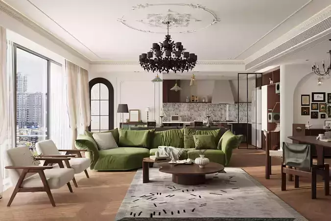 French style living room and kitchen 3D model