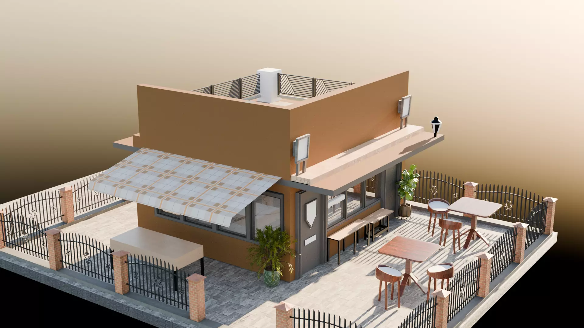 Modern Coffee Shop Exterior 3D Model Rooftop Cafe Low-poly 3D model