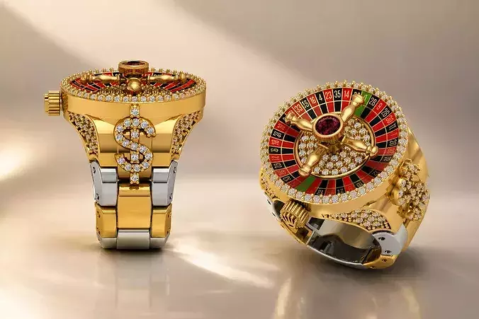 Roulette Ring US 10 Rotating Casino Wheel Gold Diamond Jewelry