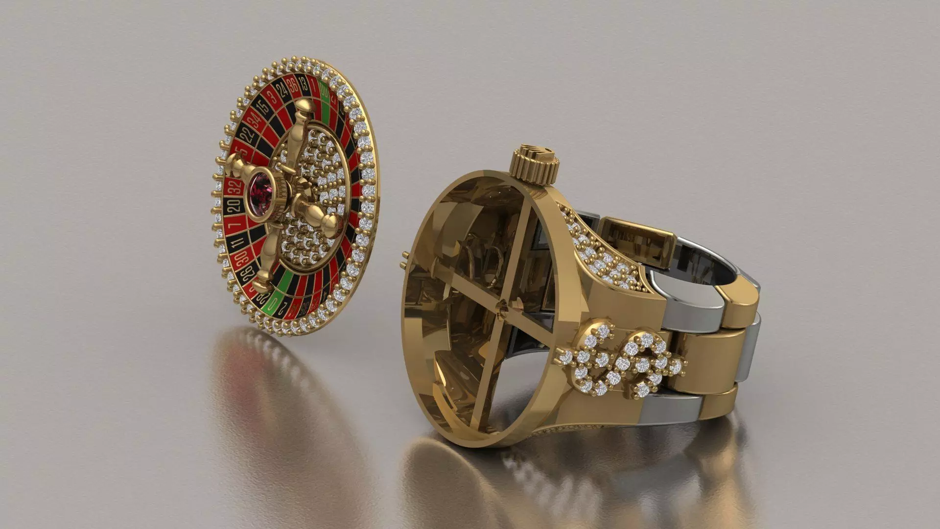 Roulette Ring US 9 Rotating Casino Wheel Gold Diamond Jewelry 3D print model