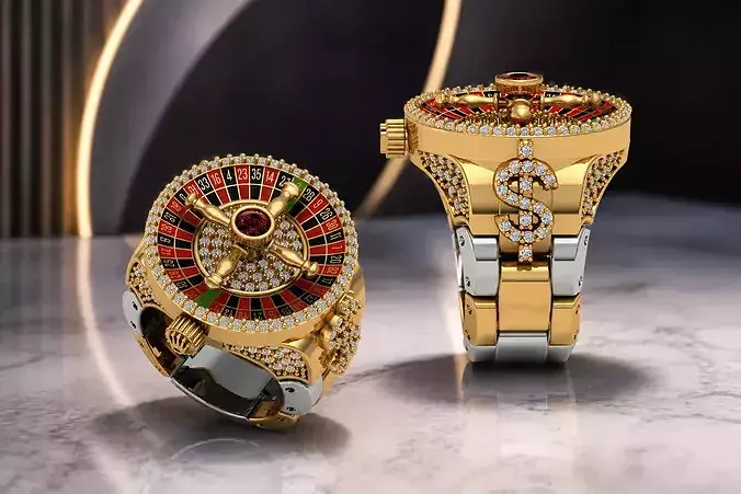 Roulette Ring US 9 Rotating Casino Wheel Gold Diamond Jewelry