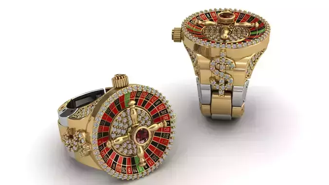 Roulette Ring US 8 Rotating Casino Wheel Gold Diamond Jewelry