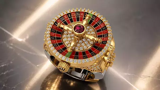 Roulette Ring US 8 Rotating Casino Wheel Gold Diamond Jewelry