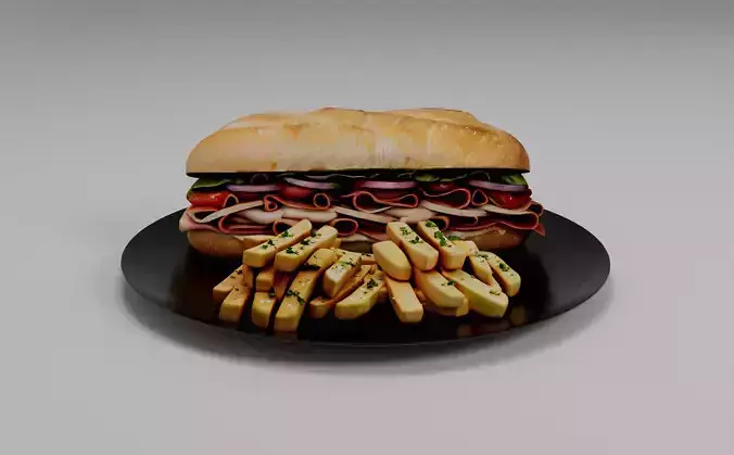 Realistic Sandwich and Fries 3D Model High Quality Food Asset Low-poly 3D model 4