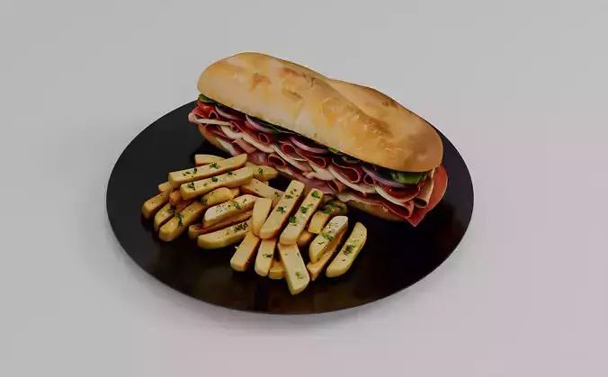 Realistic Sandwich and Fries 3D Model High Quality Food Asset Low-poly 3D model 5