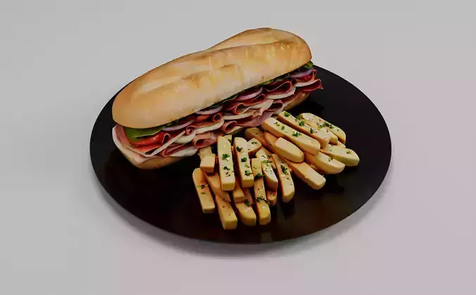 Realistic Sandwich and Fries 3D Model High Quality Food Asset Low-poly 3D model 7