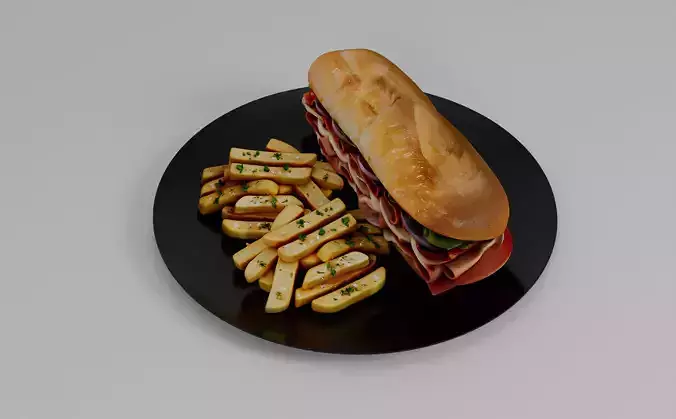 Realistic Sandwich and Fries 3D Model High Quality Food Asset Low-poly 3D model 3