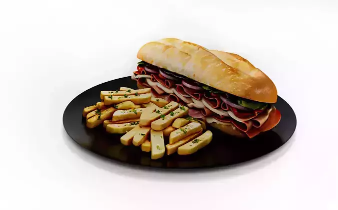 Realistic Sandwich and Fries 3D Model High Quality Food Asset Low-poly 3D model 2
