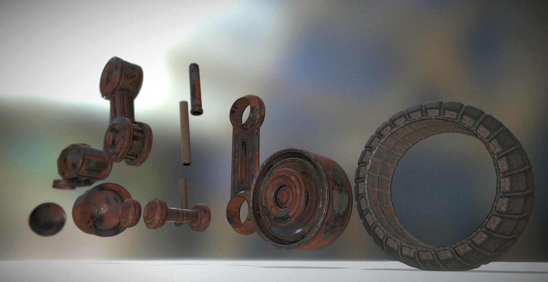 Hydraulic Suspension with Tires Rusty Version Rigged and Animate Low-poly 3D model_9