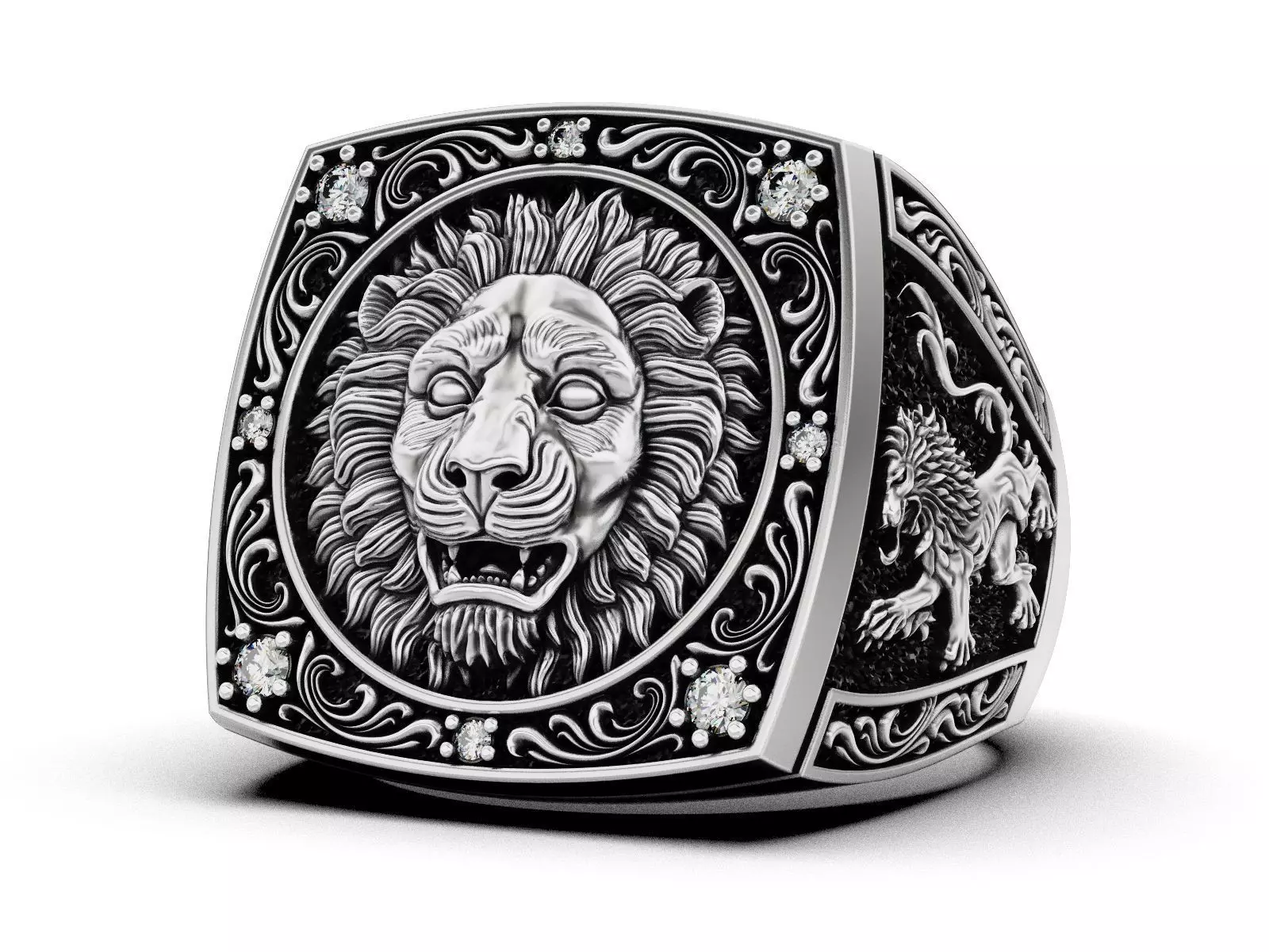 Royal Lion Head Signet Ring with Rampant Lion Sides 3D print model