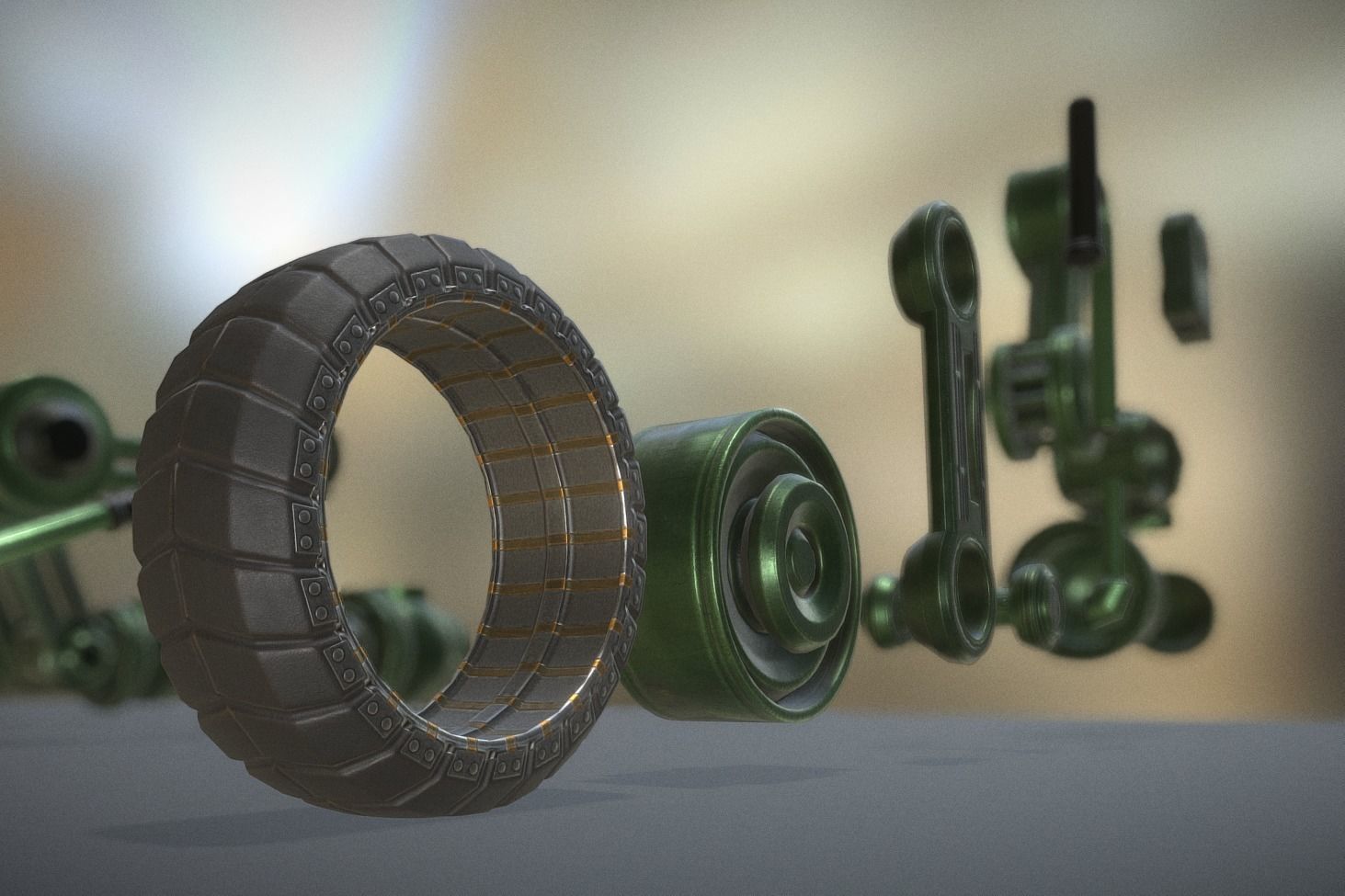Hydraulic Suspension with Tires Green Version Rig and Animation Low-poly 3D model_10