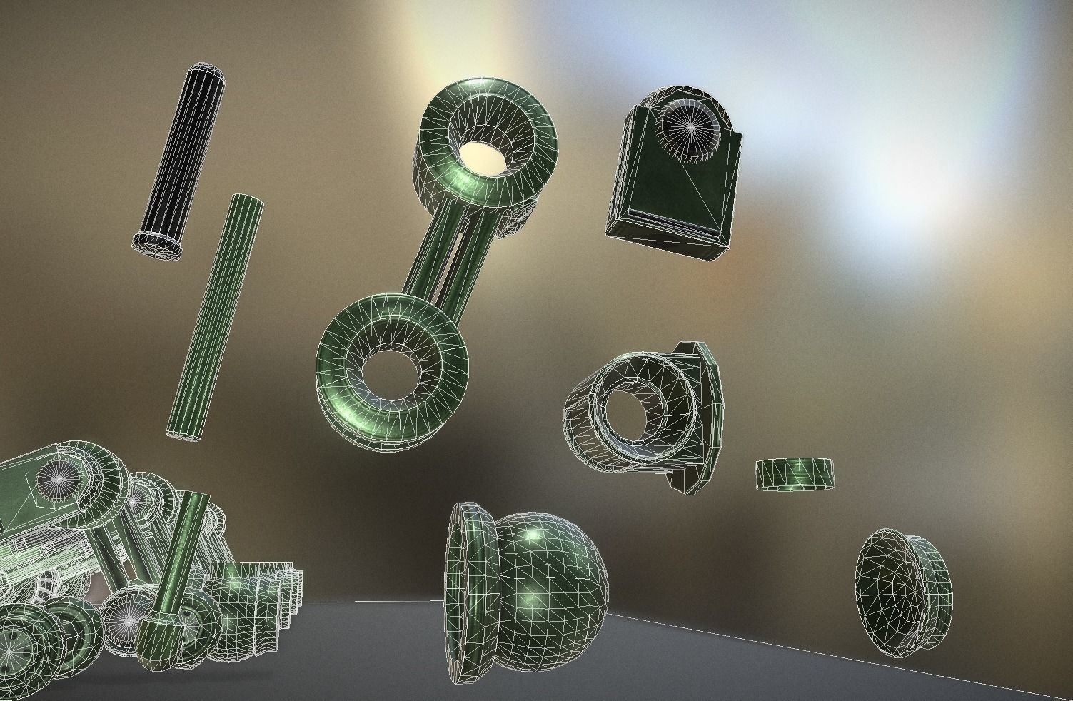 Hydraulic Suspension with Tires Green Version Rig and Animation Low-poly 3D model_6