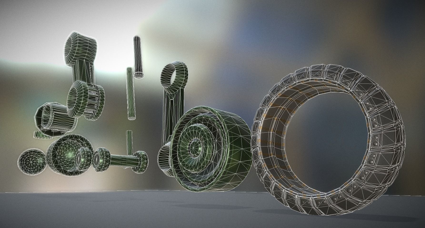 Hydraulic Suspension with Tires Green Version Rig and Animation Low-poly 3D model_5