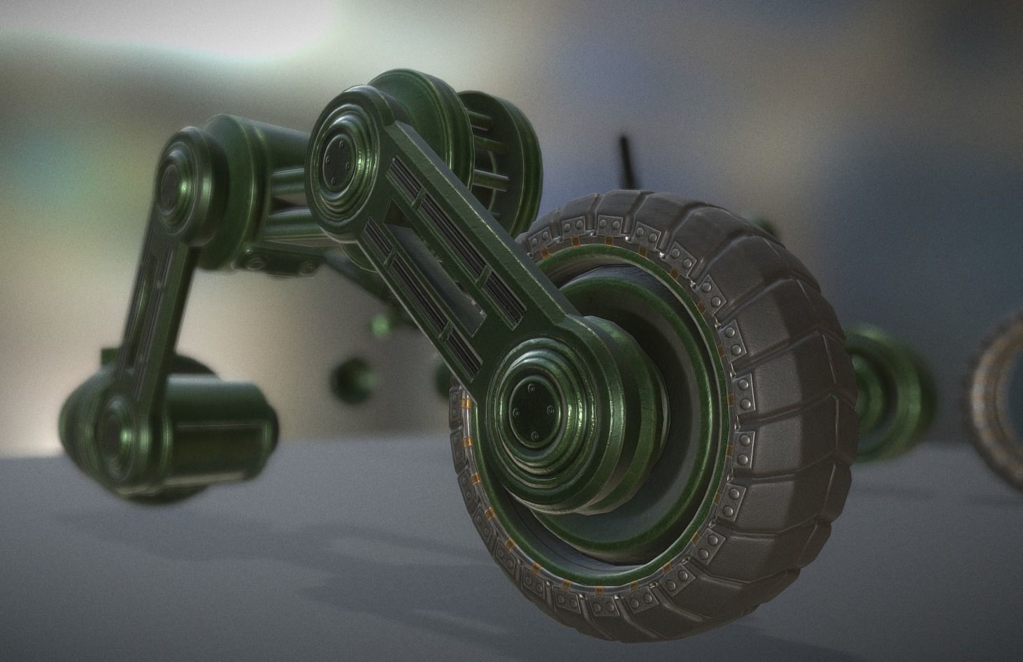 Hydraulic Suspension with Tires Green Version Rig and Animation Low-poly 3D model_8