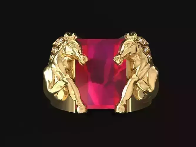 3D Golden Double Horses Ring