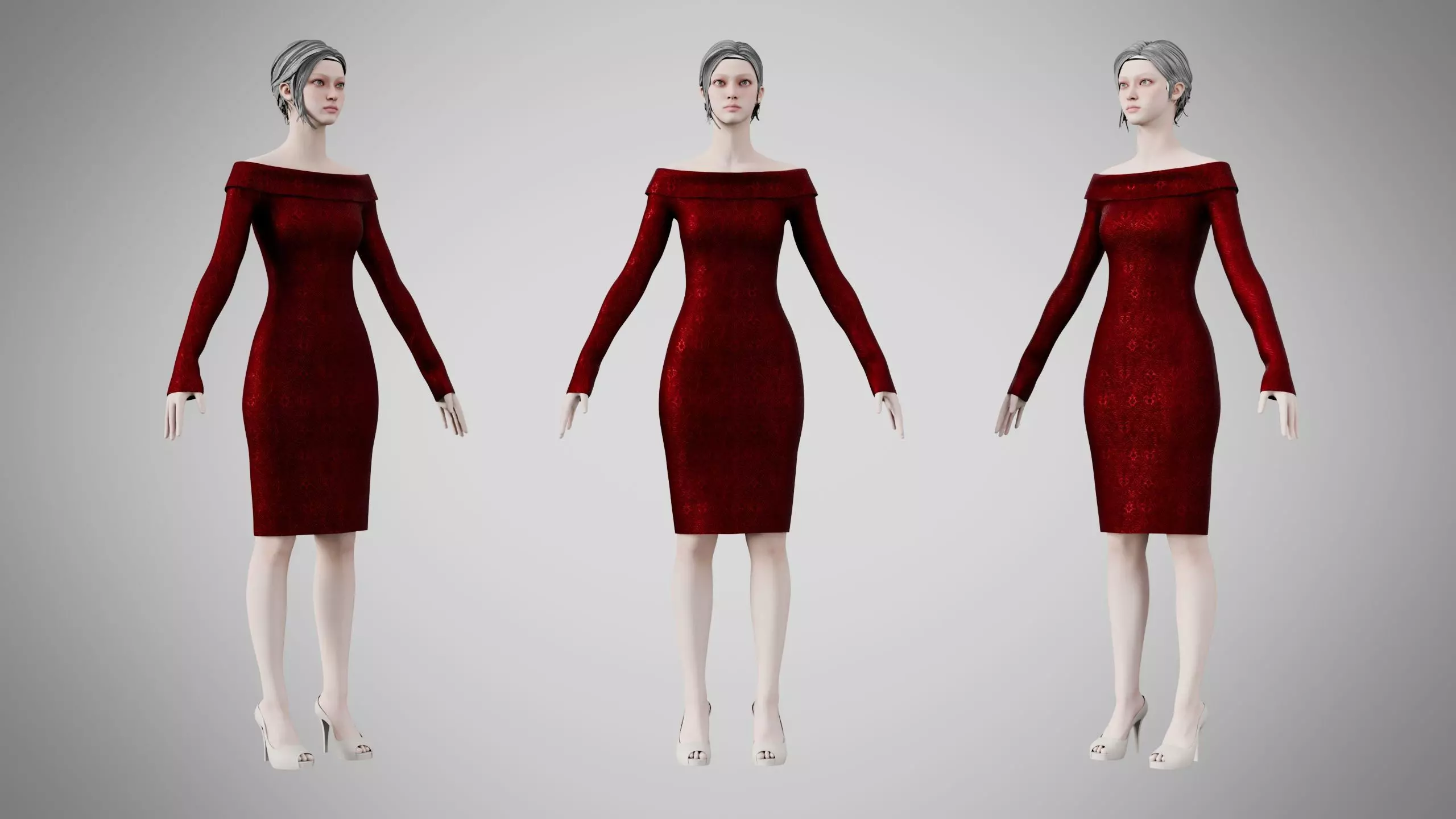 Dress 11 Burgundy Velvet With Design Low-poly 3D model