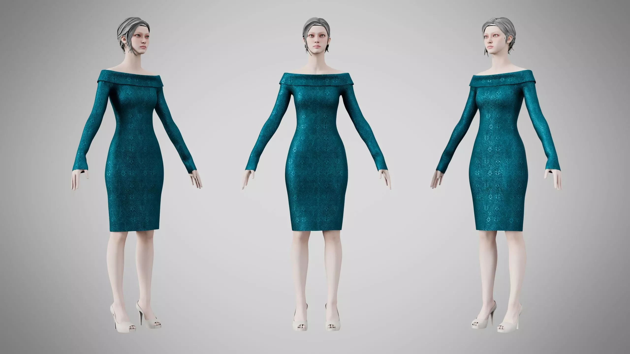 Dress 11 Teal Velvet With Design Low-poly 3D model