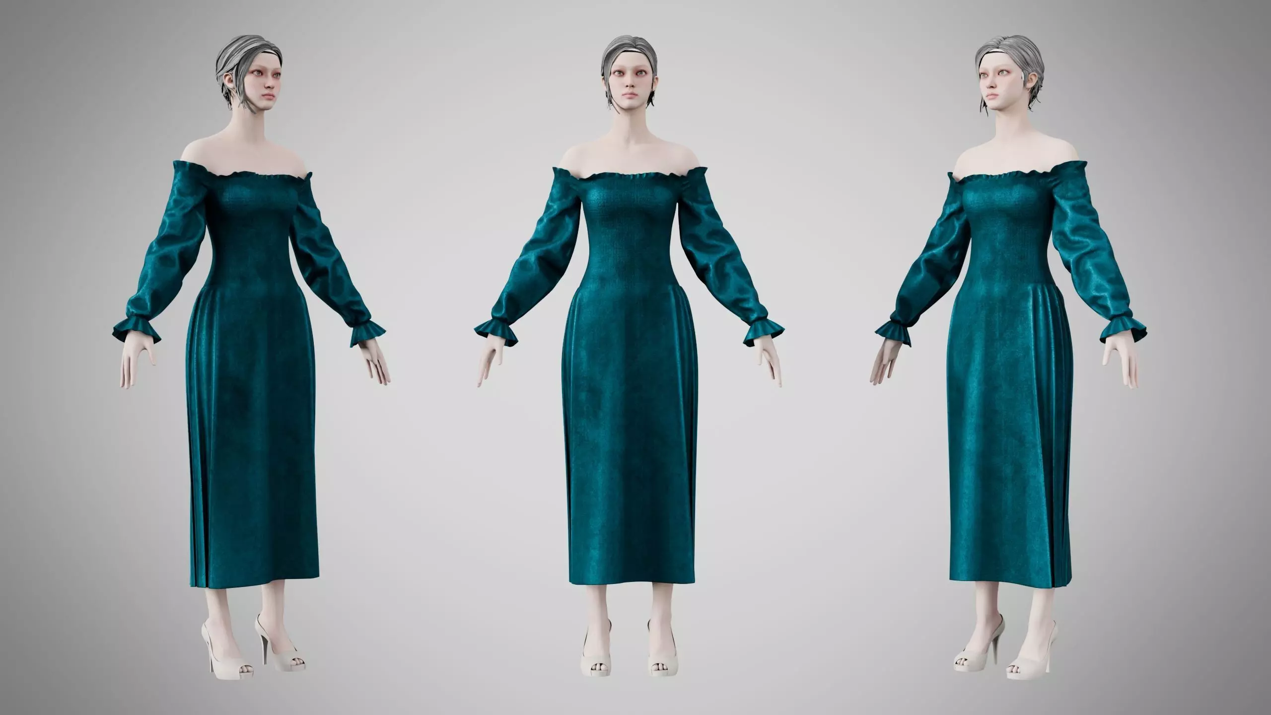 Dress 12 Teal Velvet Low-poly 3D model