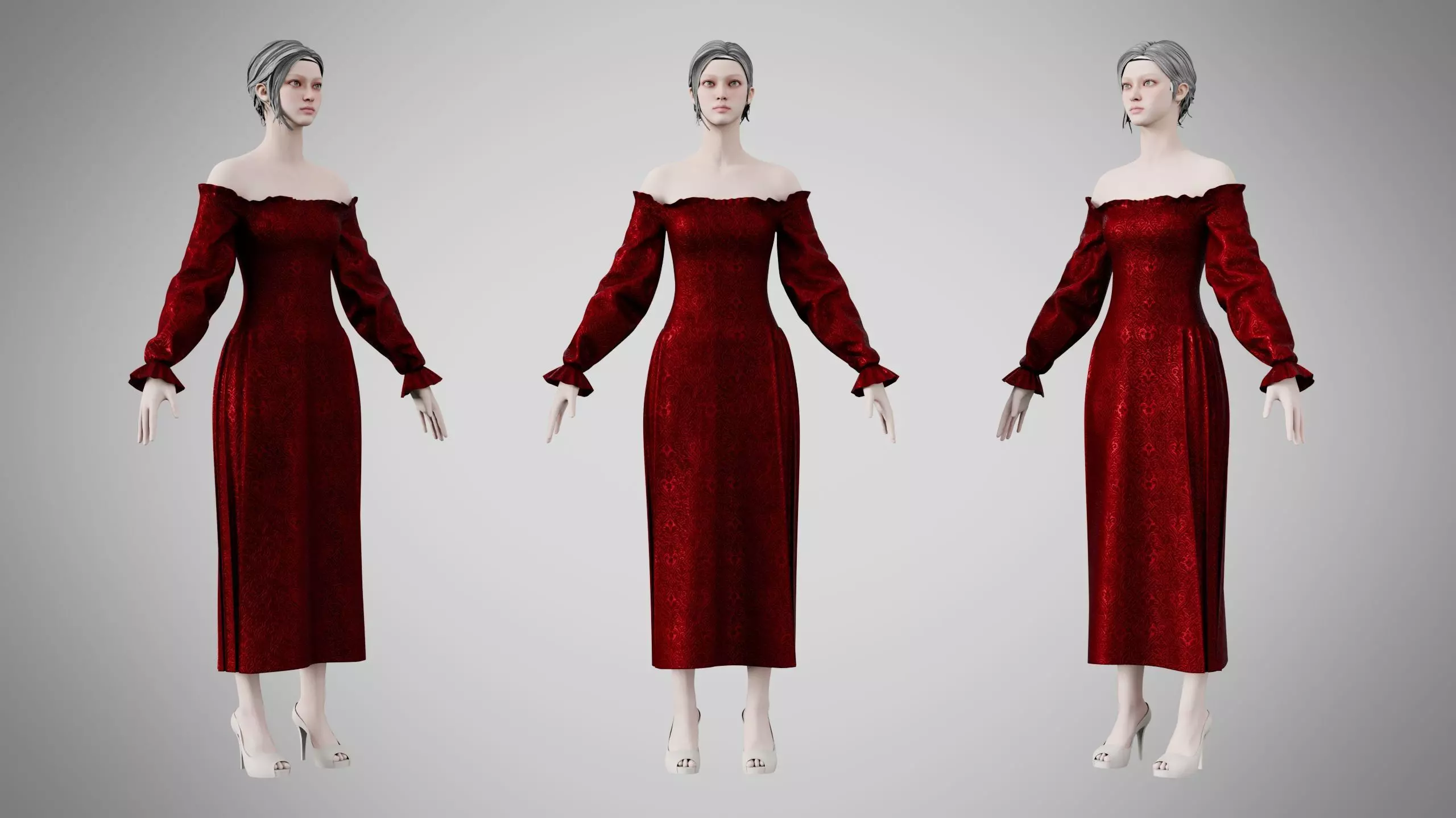 Dress 12 Burgundy Velvet With Design Low-poly 3D model