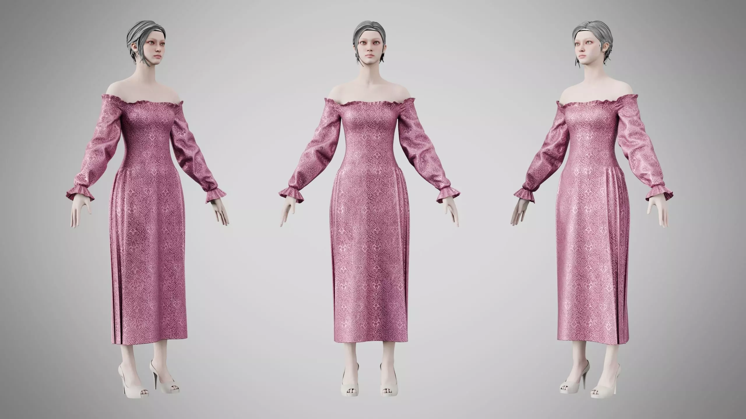 Dress 12 Dusty Rose Velvet With Design Low-poly 3D model