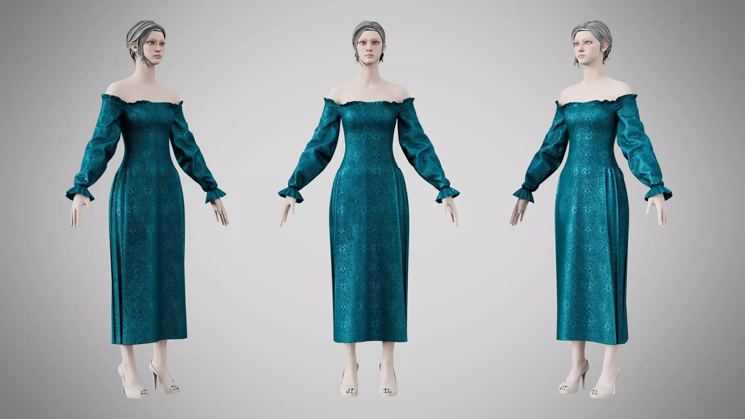 Dress 12 Teal Velvet With Design Low-poly 3D model