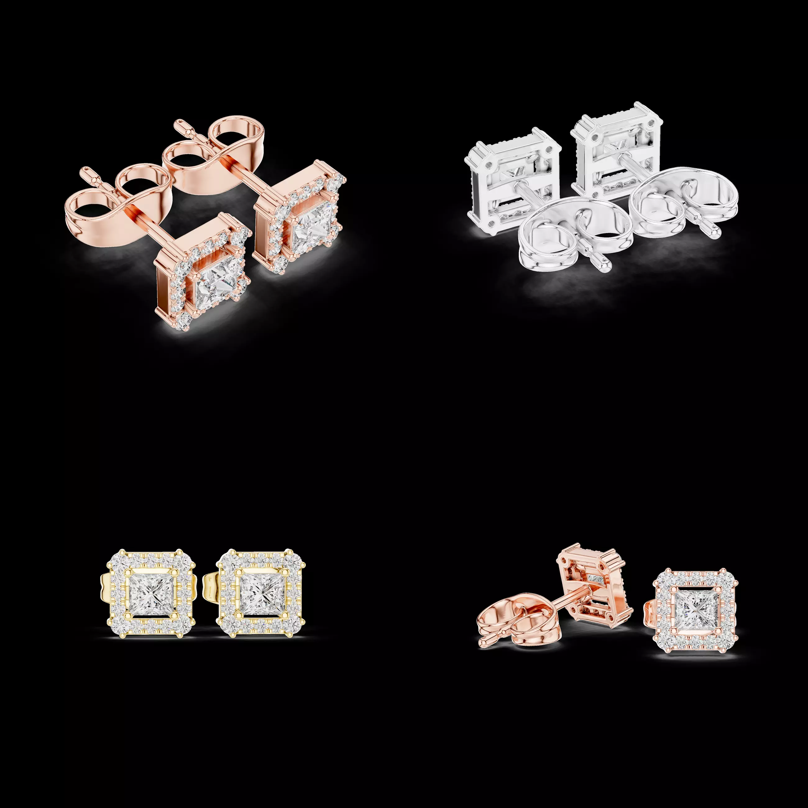 Square Halo Diamond Stud Earrings CAD Design With Screw Back 3D print model