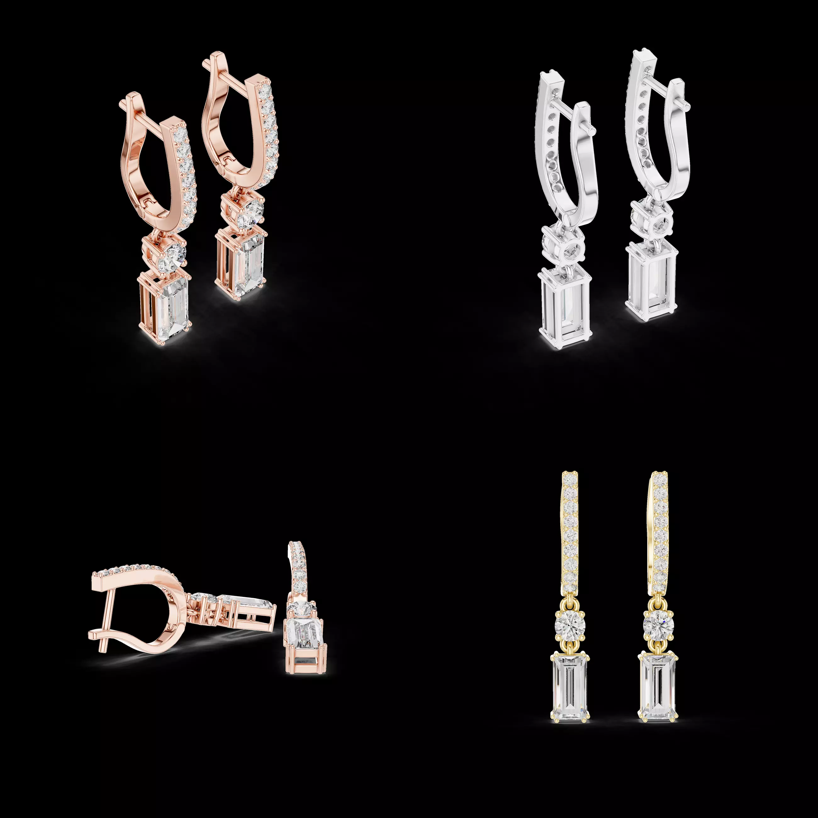 Emerald Cut Diamond Drop Hoop Earrings CAD Design 3DM STL 3D print model