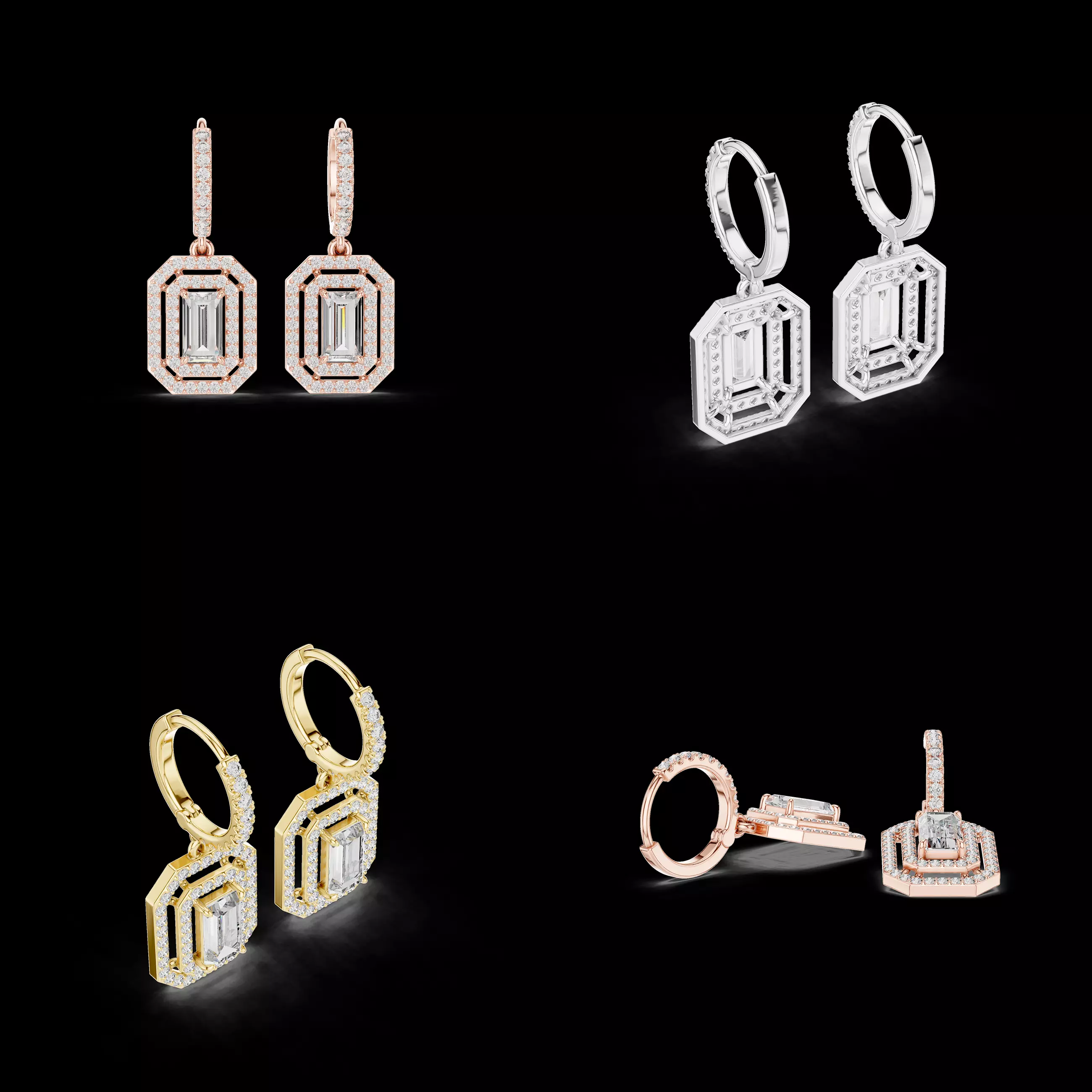 Octagon Emerald Cut Halo Drop Hoop Earrings CAD Design 3DM 3D print model