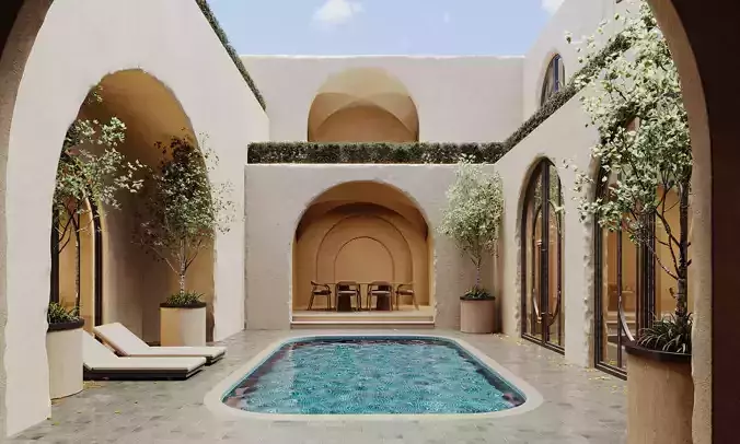 Elegant Moroccan Mediterranean Courtyard Pool 3D model